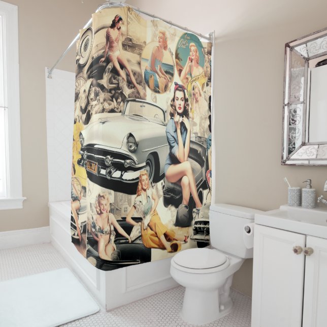 Rideaux De Douche Collage Des Filles Rétro Des Années 1950 (En situation)