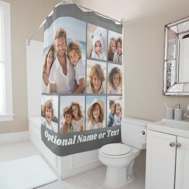 Rideaux De Douche Collage photo gris et blanc 9 avec Monogramme (En situation)