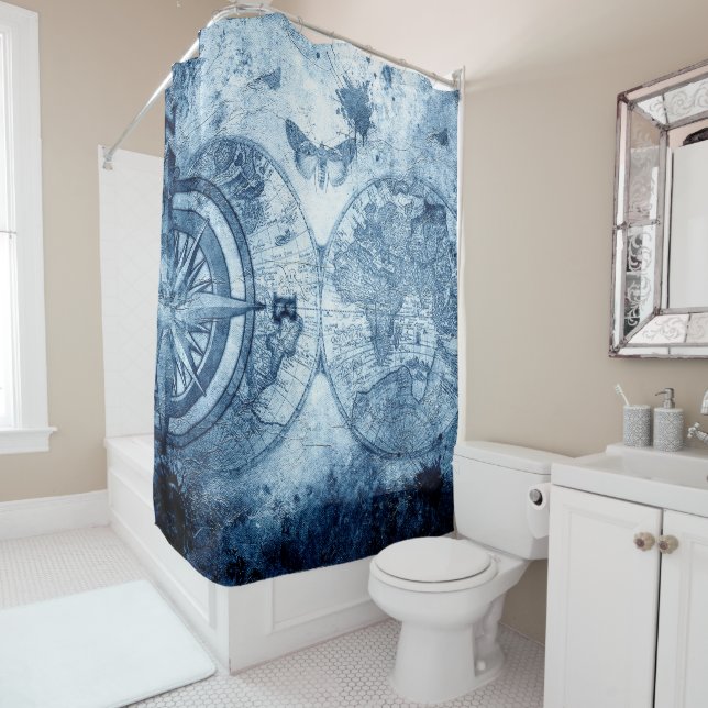Rideaux De Douche Compas vintage | Bleu Grunge carte marine (En situation)