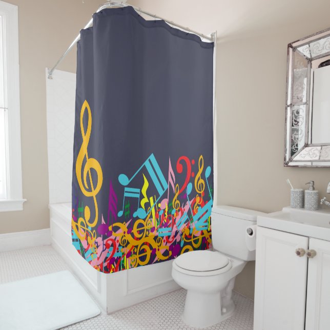 Rideaux De Douche Cool Bleu réfléchissant étang notes musicales mixt (En situation)