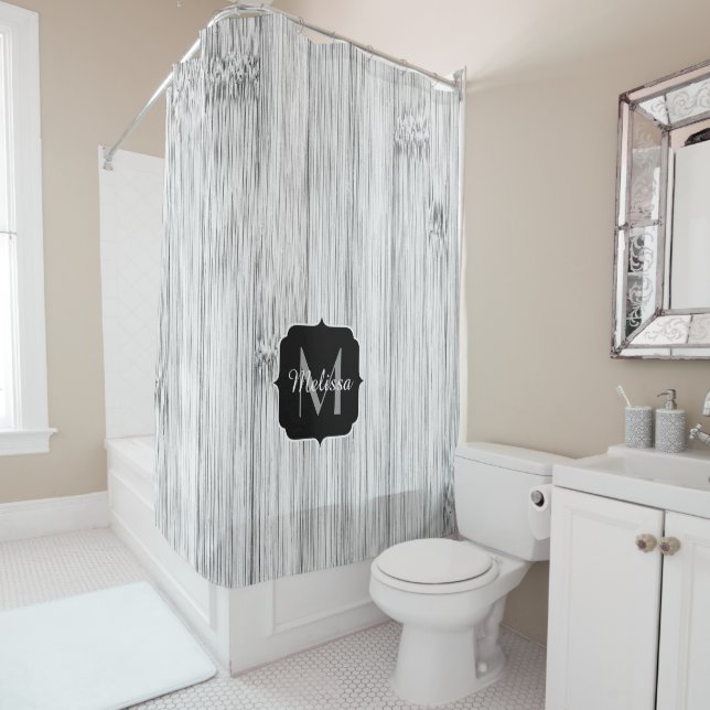 Rideaux De Douche Cool gris imprimé bois de bambou Monogramme (En situation)