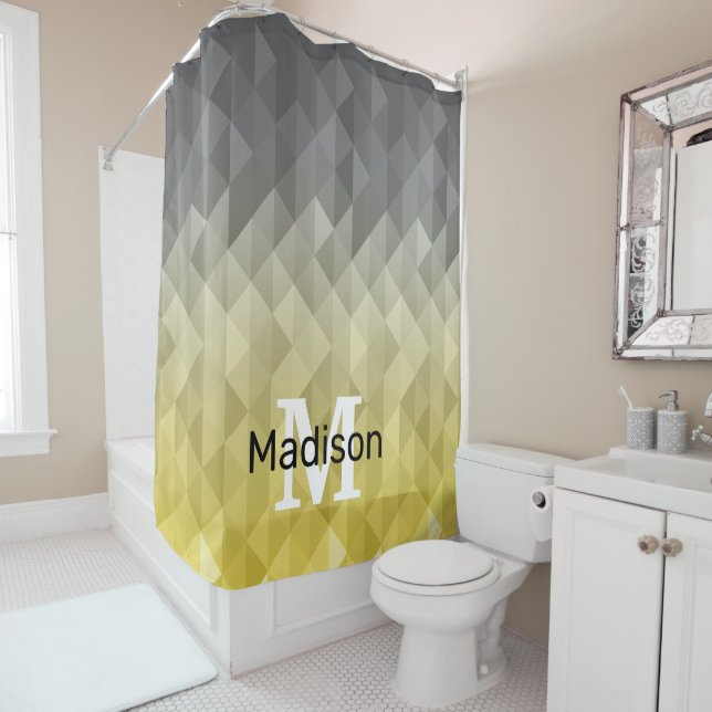 Rideaux De Douche Cool gris jaune Ombre motif géométrique Monogramme (En situation)