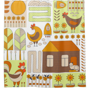 Rideaux De Douche Coq et deux poules, oeufs, fleurs, maison, drawin