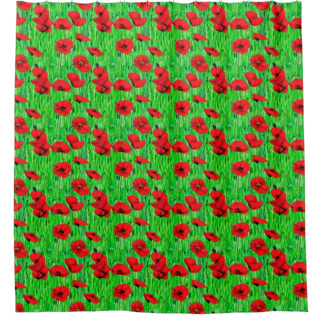 Rideaux De Douche Coquelicots rouges dans un champ vert (Devant)