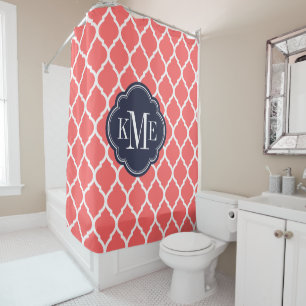 Rideaux De Douche Corail et marine Marocain Quatrefoil Monogramme