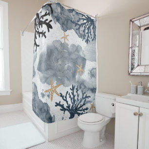 Rideaux De Douche Corail Nautique Bleu Aquarelle Été Élégant