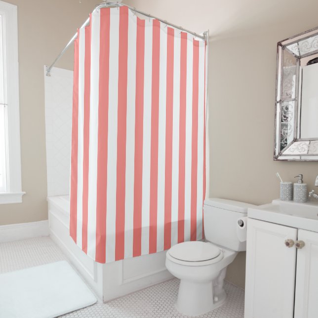 Rideaux De Douche Corail rose et blanc simple rayé (En situation)