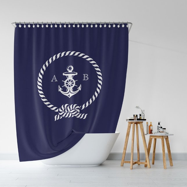 Rideaux De Douche Corde marine bleue et monogramme Ancre (Créateur téléchargé)
