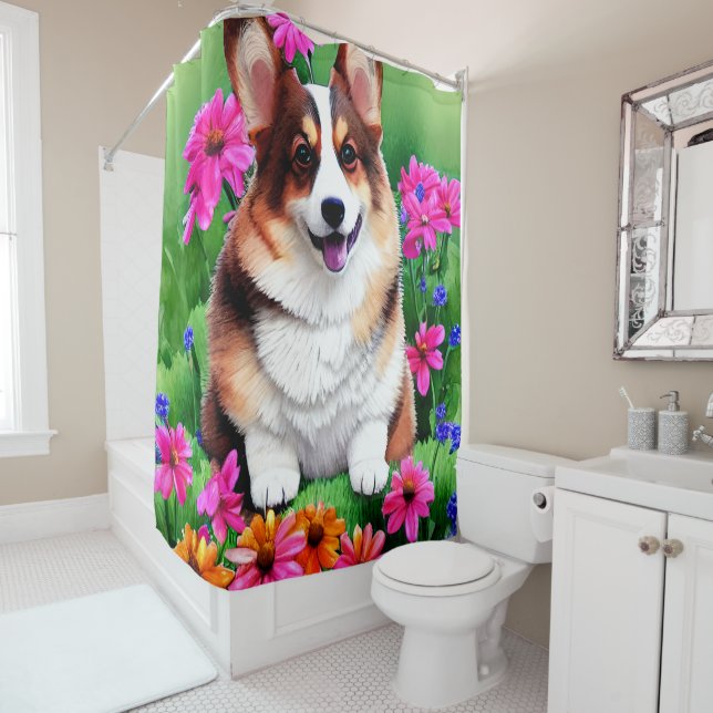 Rideaux De Douche Corgi floral pittoresque (En situation)