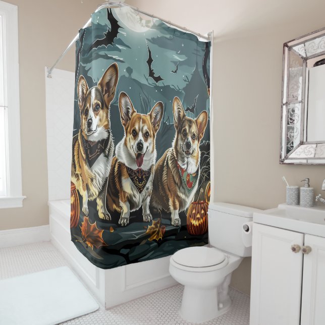 Rideaux De Douche Corgi Halloween Éffrayant (En situation)