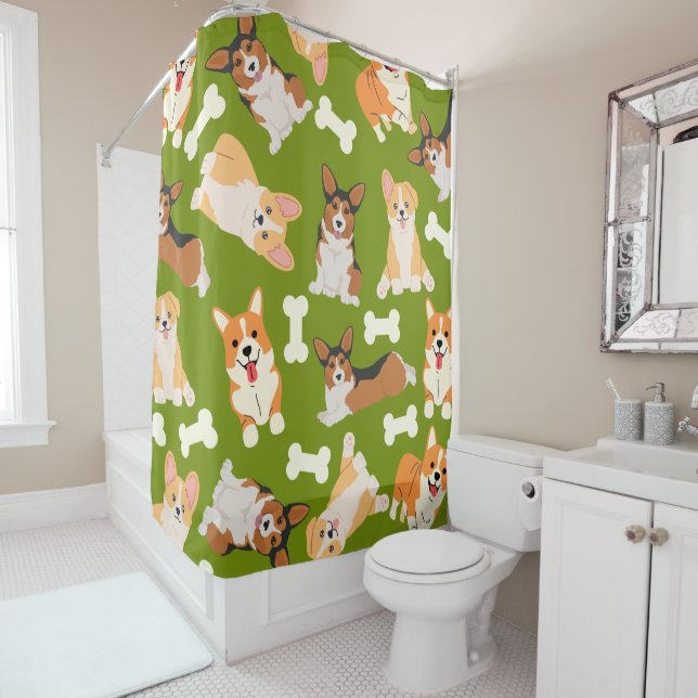 Rideaux De Douche Corgi Motif Cute En Vert (En situation)