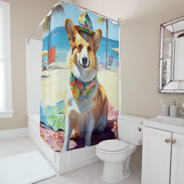 Rideaux De Douche Corgi on Beach, cadeau d'été pour les amoureux de  (En situation)