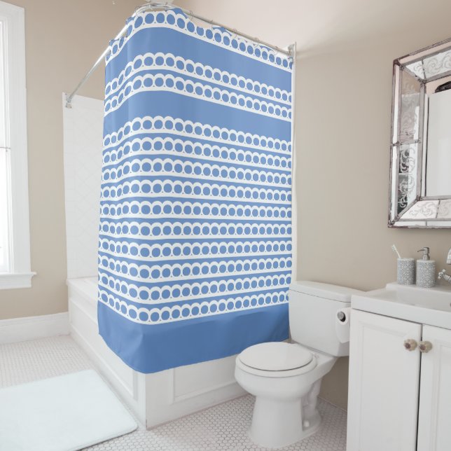 Rideaux De Douche Cornflower Bleu et blanc Bulle moderne Vagues (En situation)