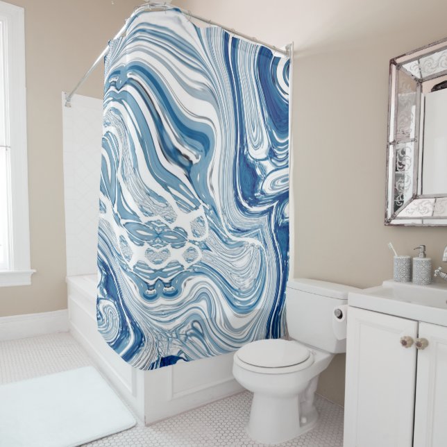 Rideaux De Douche côte plage nautique vagues aquarelle bleu tourbill (En situation)