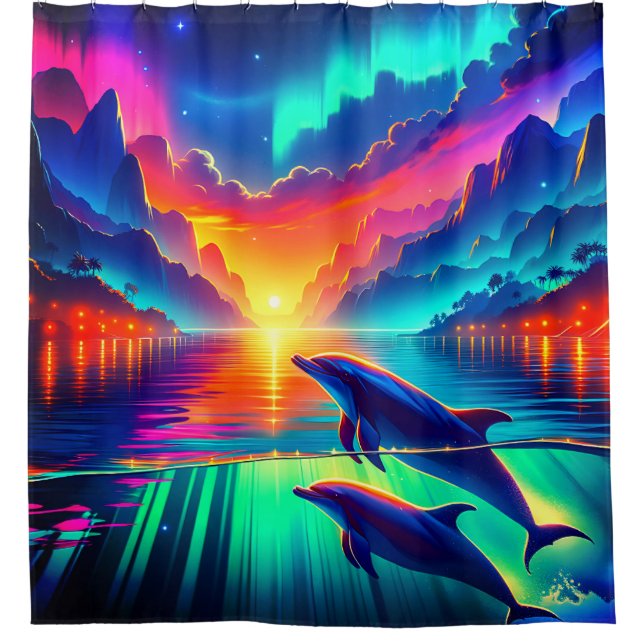 Rideaux De Douche "Coucher de soleil pour dauphin Aurora - Art océan (Devant)