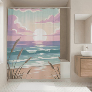 Rideaux De Douche Coucher de soleil sur la plage côtière Aquarelle P