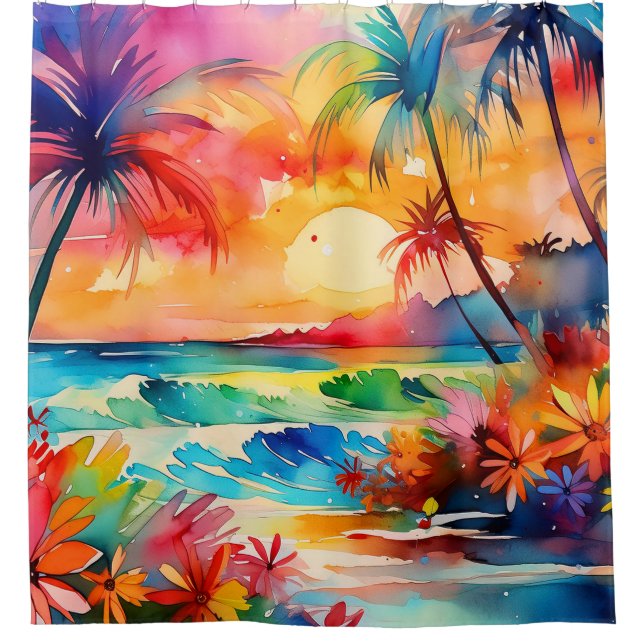 Rideaux De Douche Coucher de soleil sur la plage d'aquarelle Art tro (Devant)