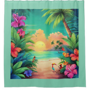 Rideaux De Douche Coucher de soleil tropical avec des fleurs d'Hibis