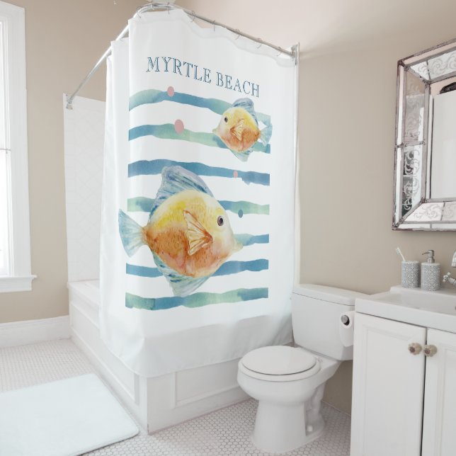 RIDEAUX DE DOUCHE COULEUR D'EAU CLAIRE POISSON TROPICAL, VACANCES DE (En situation)