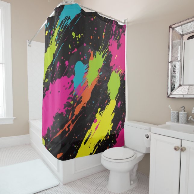 Rideaux De Douche Couleurs néon Retro Paint Splatter (En situation)