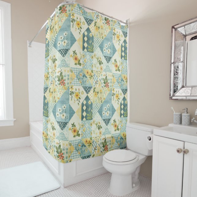 Rideaux De Douche Couverture Patchwork Bleu Jaune Vert Floral Rétro (En situation)