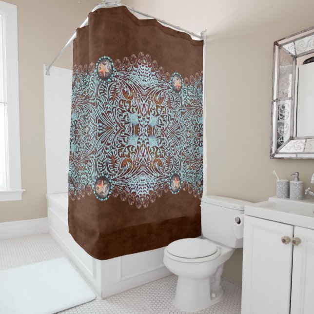Rideaux De Douche cowboy brun turquoise de l'ouest motif (En situation)