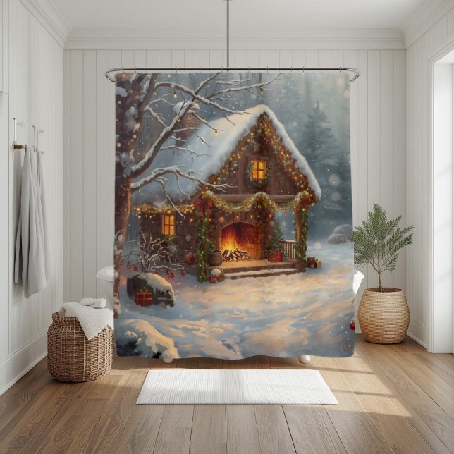 Rideaux De Douche Cozy Cabin Fireplace Christmas Shower Curtain (Créateur téléchargé)