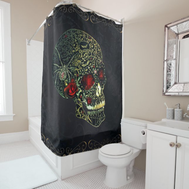 Rideaux De Douche Crâne à bijoux et Roses glam Gothique Filigree (En situation)