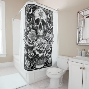Rideaux De Douche Crâne de squelette à pentacle et roses - Art de ta