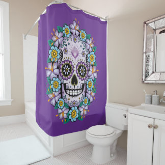 Rideaux De Douche Crâne de sucre violet avec des fleurs