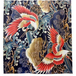 Rideaux De Douche CRANES DE VOL, VAGUES, FLEURS DE PRINTEMPS Japonai