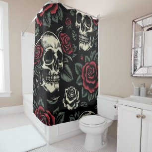 Rideaux De Douche Crânes et roses rouges floraux gothiques