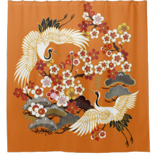 Rideaux De Douche CRANES ET SAKURA DE COULEUR. Coloré floral transpa