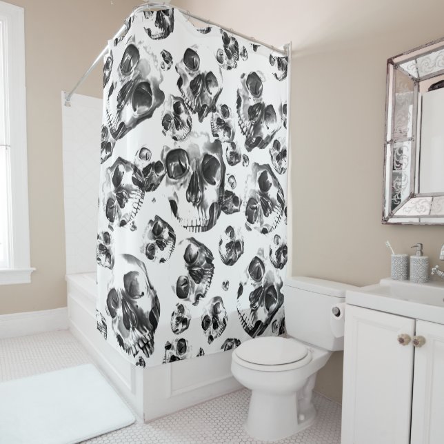 Rideaux De Douche Crânes Noir & Blanc Squelette Motif d'Art de Crâne (En situation)