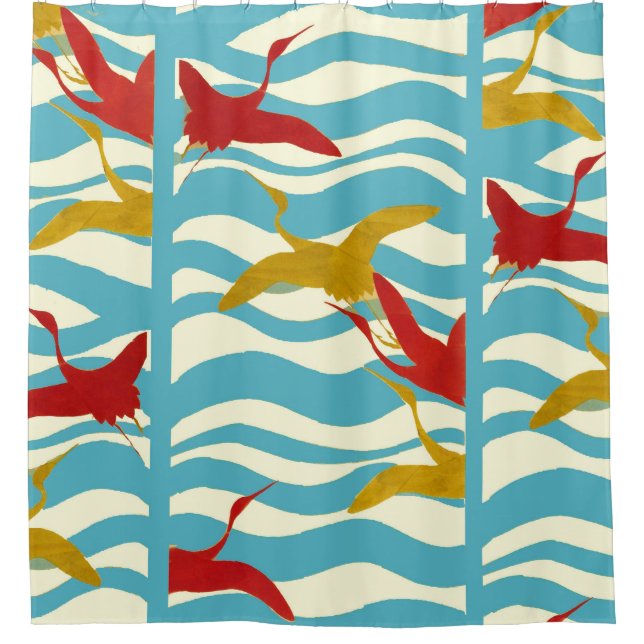 RIDEAUX DE DOUCHE CRANES ROUGES JAUNES VOLANT SUR DES VAGUES BLANCHE (Devant)