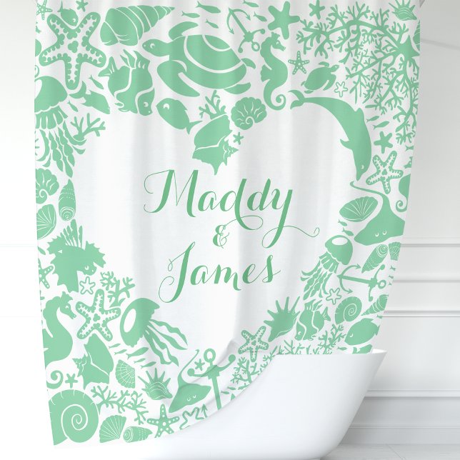 Rideaux De Douche Créatures marines vert menthe Monogramme de cœur p (Créateur téléchargé)