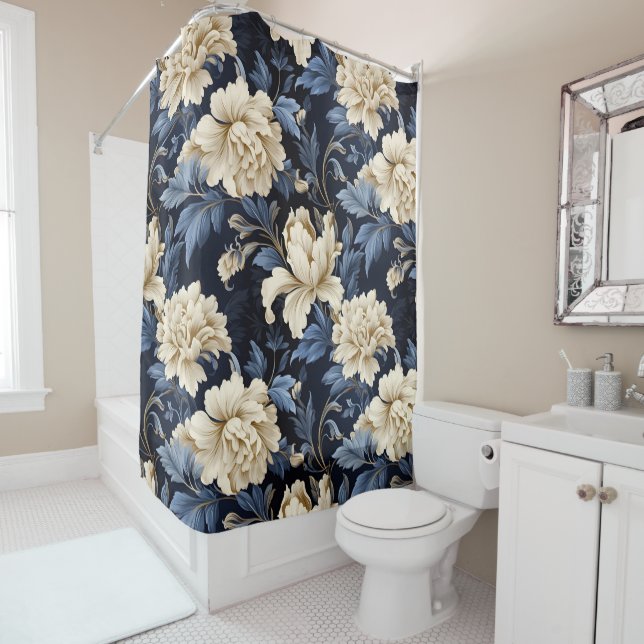 Rideaux De Douche Crème bleue Floral Moderne (En situation)