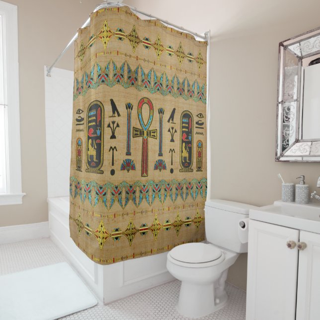 Rideaux De Douche Croix égyptienne - ornement d'Ankh sur le papyrus (En situation)