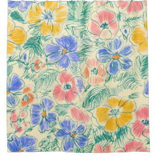 Rideaux De Douche Croquis de fleur sauvage vintage (3)