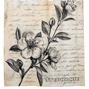Rideaux De Douche Croquis floral rustique avec calligraphie - âge (2