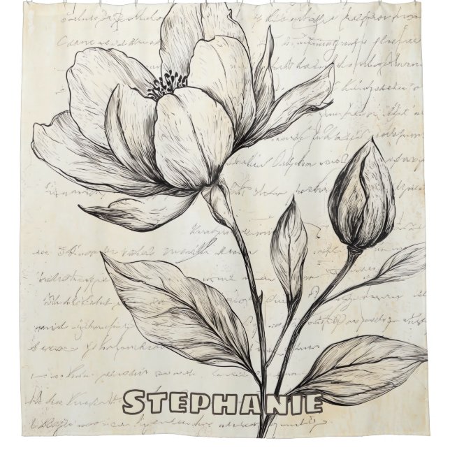 Rideaux De Douche Croquis floral rustique avec calligraphie - âge (4 (Devant)