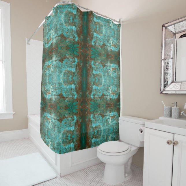 Rideaux De Douche Cuivre en miroir Brown et Turquoise moderne Abstra (En situation)