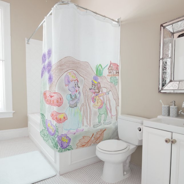 Rideaux De Douche Custom Kids Artwork, deux mignonnes souris, fleurs (En situation)