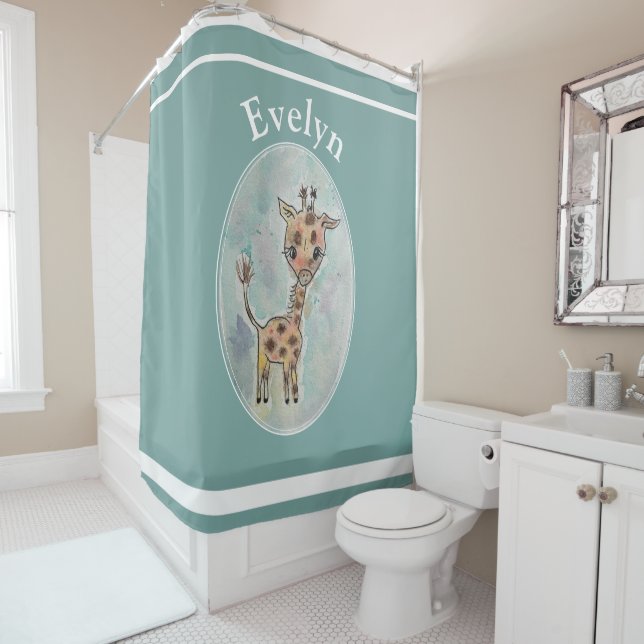Rideaux De Douche Cute Aquarelle Giraffe Customisée (En situation)