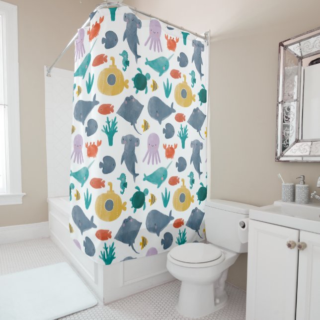 Rideaux De Douche Cute Aquarelle Océan Animaux Motif (En situation)