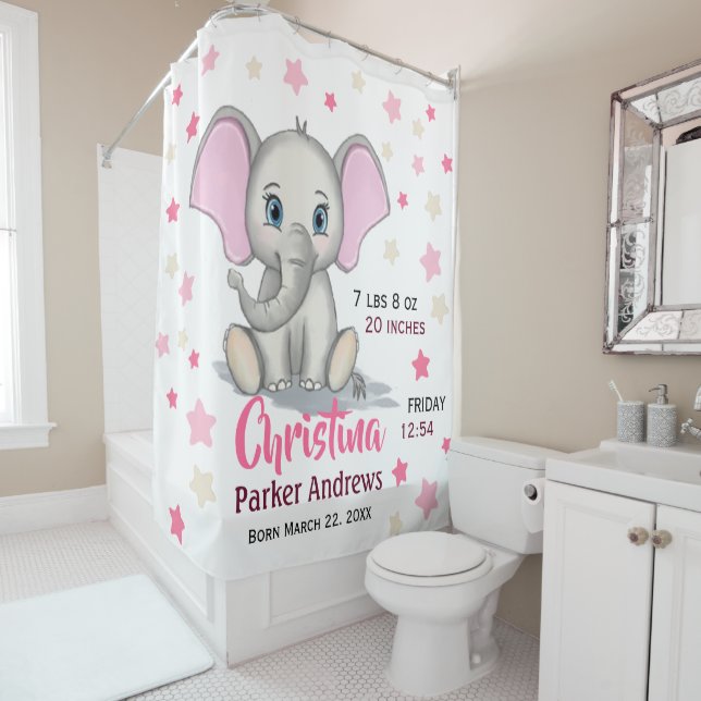 Rideaux De Douche Cute Baby Elephant with Pink Ears Girl Birth Stats (En situation)