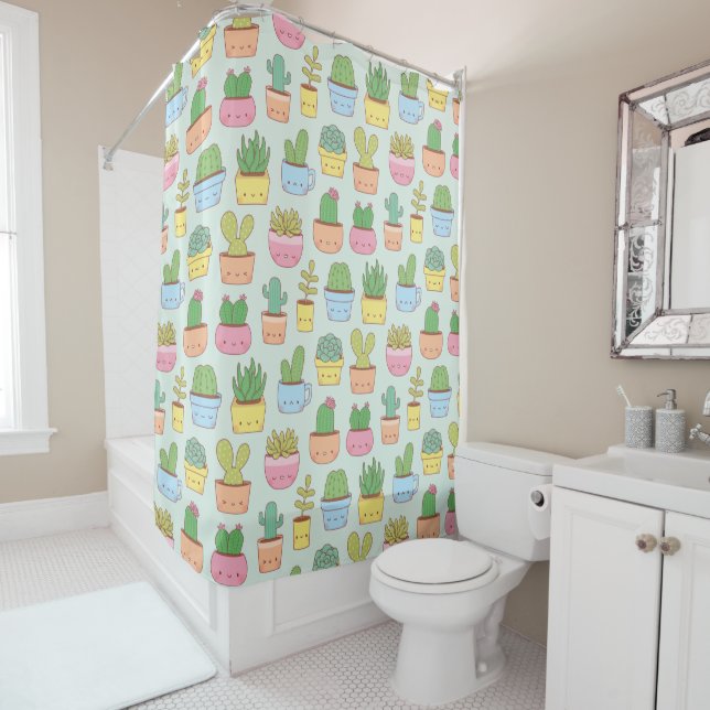 Rideaux De Douche Cute Cactus Succulent Plante Doodles Motif  (En situation)