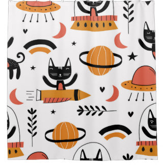 Rideaux De Douche Cute Cat Astronauts : Enfants Design Vintage.