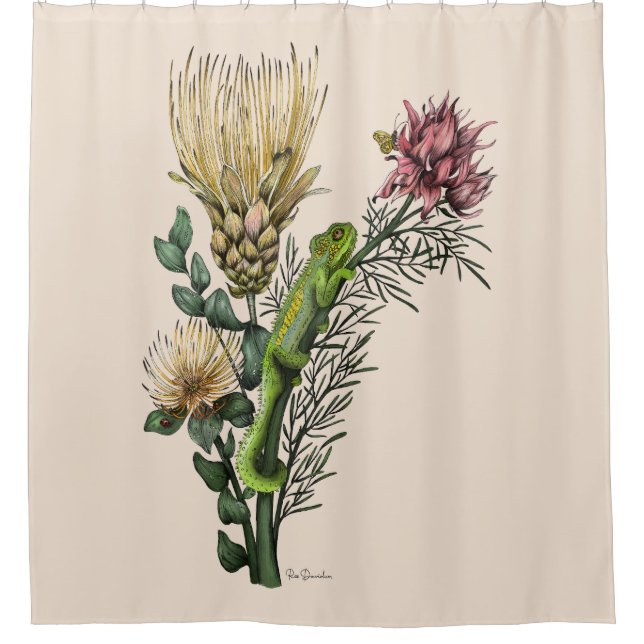 Rideaux De Douche Cute Chameleon en Floral Bouquet Art Botanique (Devant)