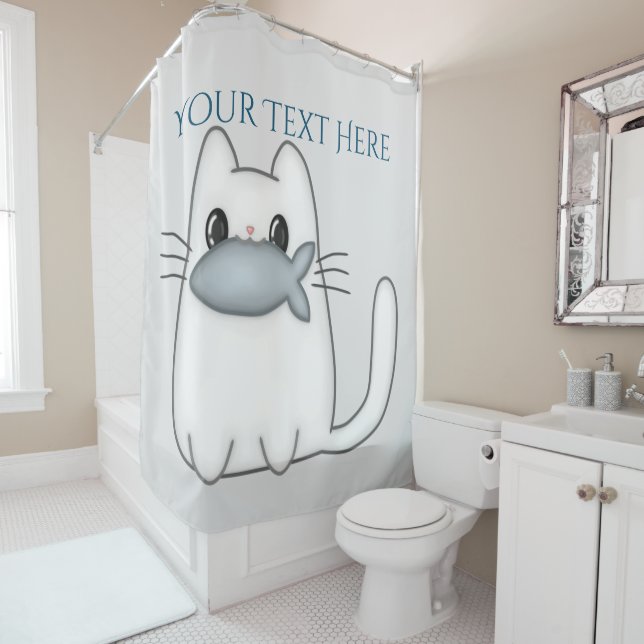 Rideaux De Douche Cute chat avec poisson Prix (En situation)